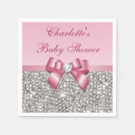 Chic Faux Rosa Bow Silver Sequins Baby Shower Pappersservett