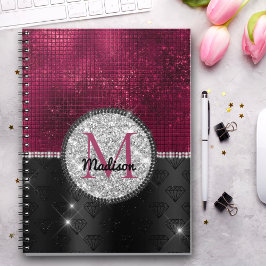 Chic faux Silver Burgundy Black monogram Anteckningsbok