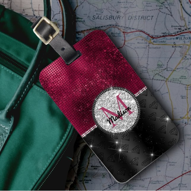 Chic faux Silver Burgundy Black monogram Bagagebricka (Skapare uppladdad)