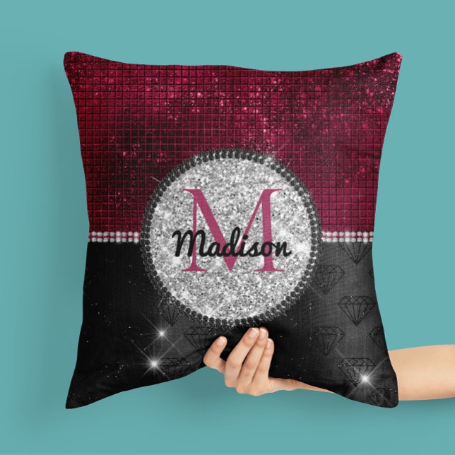 Chic faux Silver Burgundy Black monogram Kudde (Skapare uppladdad)