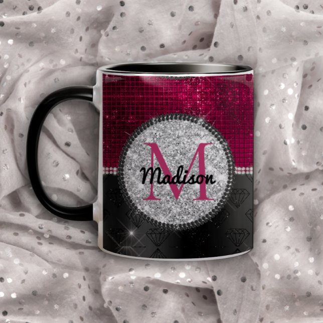 Chic faux Silver Burgundy Black monogram Mugg (Skapare uppladdad)