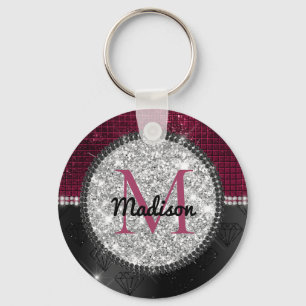 Chic faux Silver Burgundy Black monogram Nyckelring