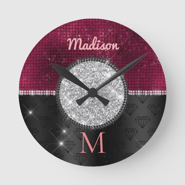 Chic faux Silver Burgundy Black monogram Rund Klocka (Framsida)
