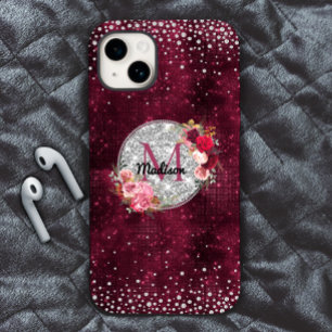 Chic faux Silver Burgundy Blommigt monogram