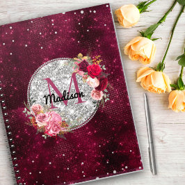 Chic faux Silver Burgundy Blommigt monogram Anteckningsbok