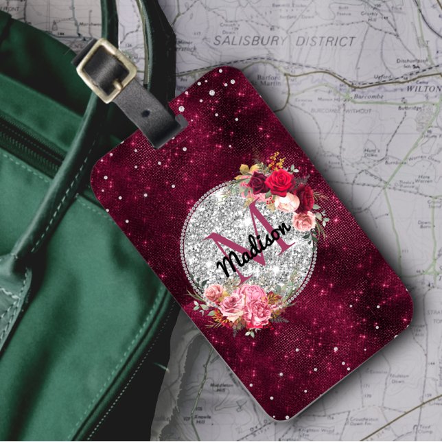 Chic faux Silver Burgundy Blommigt monogram Bagagebricka (Skapare uppladdad)
