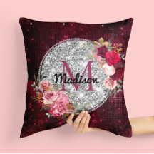 Chic faux Silver Burgundy Blommigt monogram