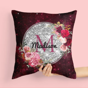 Chic faux Silver Burgundy Blommigt monogram Kudde