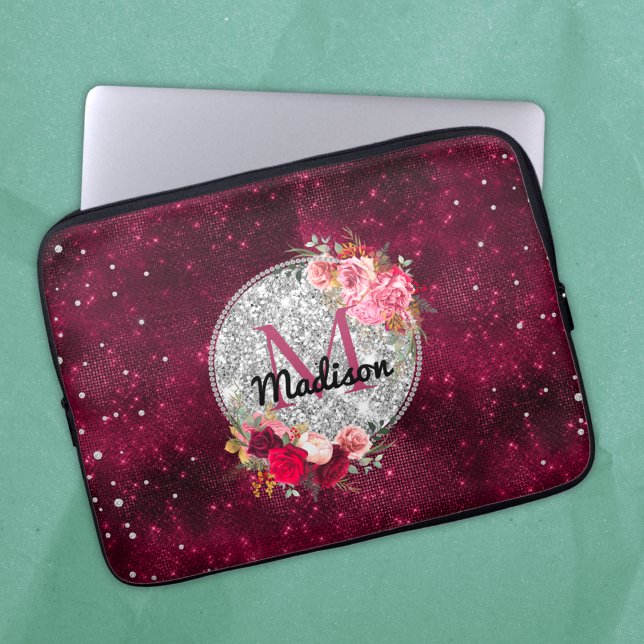Chic faux Silver Burgundy Blommigt monogram Laptop Fodral (Skapare uppladdad)