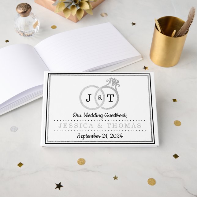 Chic Faux Silver Foil Monogram Bröllop Ringar Gästböcker (Framsida öppen)