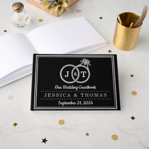 Chic Faux Silver Foil Monogram Bröllop Ringar Gästböcker