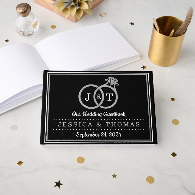 Chic Faux Silver Foil Monogram Bröllop Ringar Gästböcker (Framsida öppen)