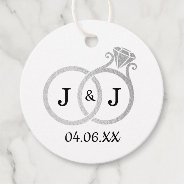 Chic Faux Silver Foil Monogram Bröllop Ringar Gåvor Etiketter (Framsida)