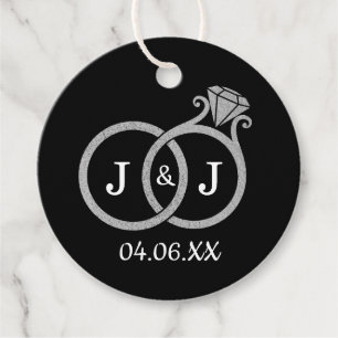 Chic Faux Silver Foil Monogram Bröllop Ringar Gåvor Etiketter