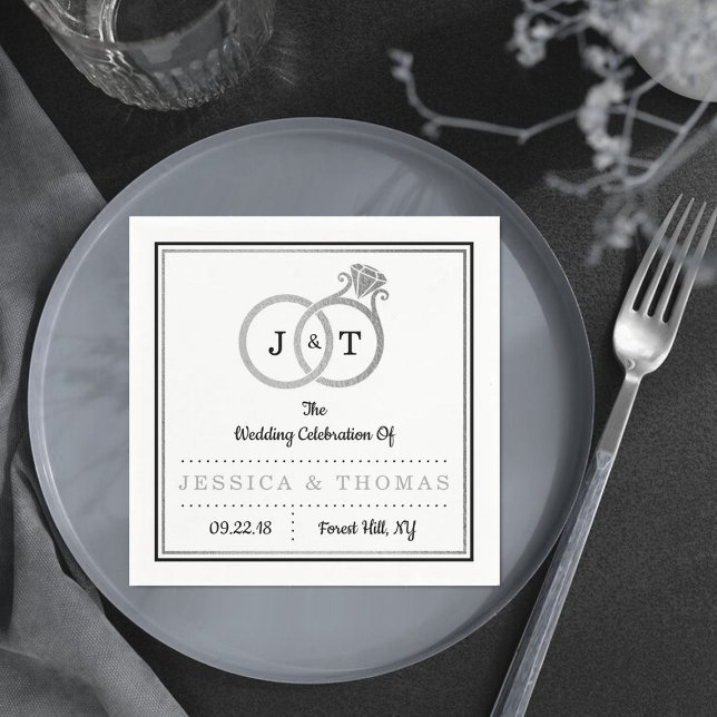 Chic Faux Silver Foil Monogram Bröllop Ringar Pappersservett (Skapare uppladdad)