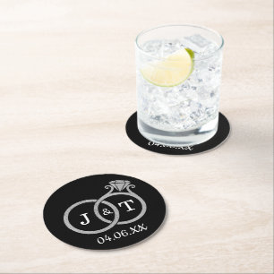 Chic Faux Silver Foil Monogram Bröllop Ringar Underlägg Papper Rund
