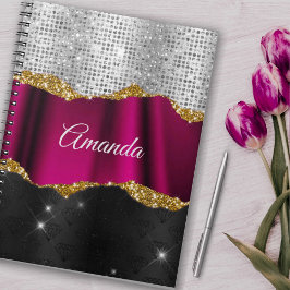 Chic faux silver Fuchsia black monogram Anteckningsbok