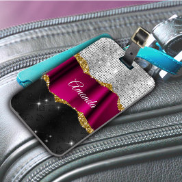 Chic faux silver Fuchsia black monogram Bagagebricka