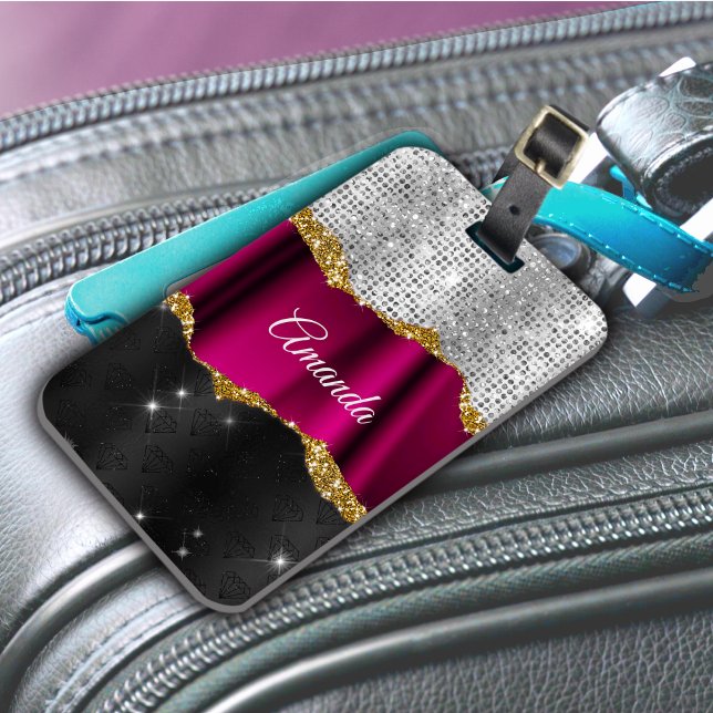 Chic faux silver Fuchsia black monogram Bagagebricka (Skapare uppladdad)