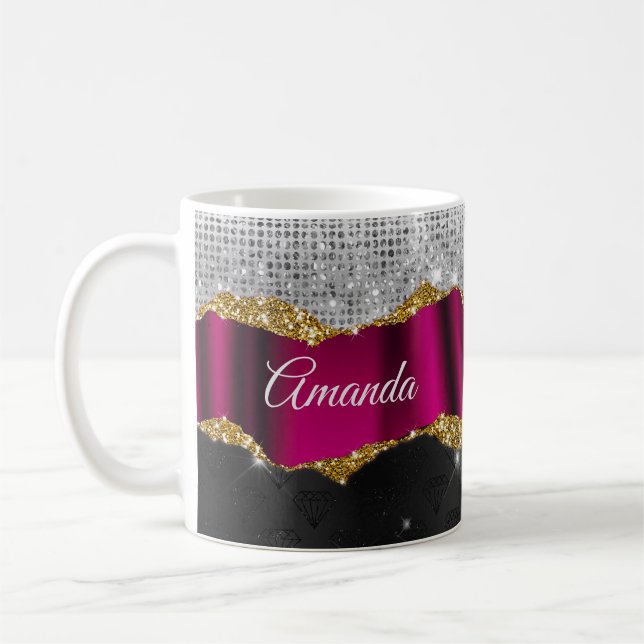Chic faux silver Fuchsia black monogram Kaffemugg (Vänster)