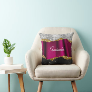 Chic faux silver Fuchsia black monogram Kudde