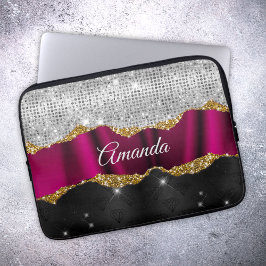 Chic faux silver Fuchsia black monogram Laptop Fodral