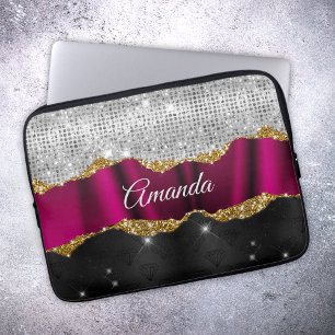 Chic faux silver Fuchsia black monogram Laptop Fodral