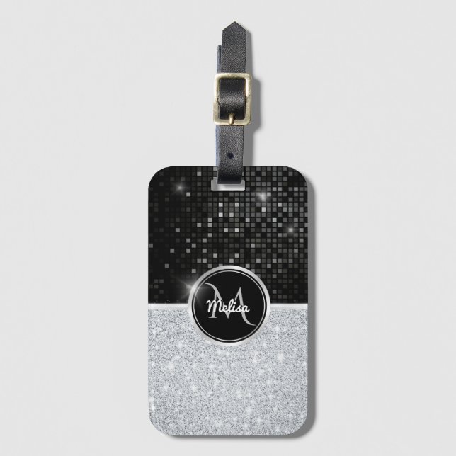 Chic faux Silver Glitter Black Glitter Monogram Bagagebricka (Framsida vertikal)