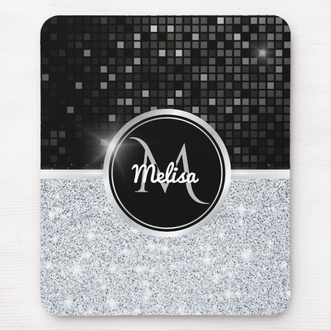 Chic faux Silver Glitter Black Glitter Monogram Musmatta (Framsidan)