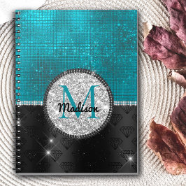 Chic faux Silver Glitter Turcos Black monogram Anteckningsbok