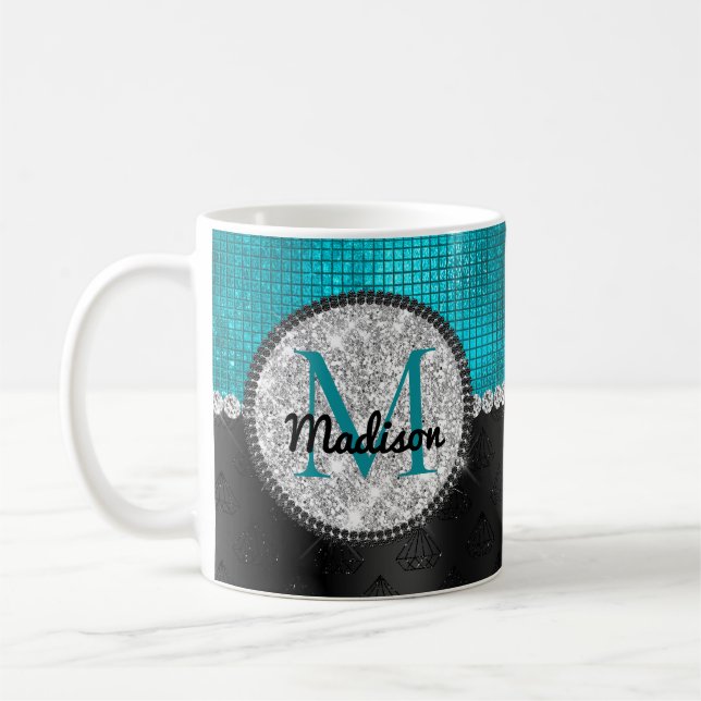 Chic faux Silver Glitter Turcos Black monogram Kaffemugg (Vänster)