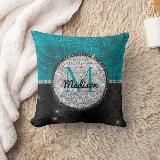 Chic faux Silver Glitter Turcos Black monogram Kudde (Filt)