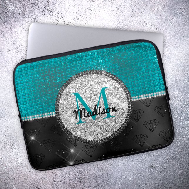 Chic faux Silver Glitter Turcos Black monogram Laptop Fodral (Skapare uppladdad)