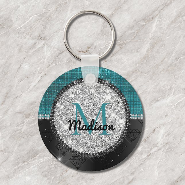 Chic faux Silver Glitter Turcos Black monogram Nyckelring (Skapare uppladdad)