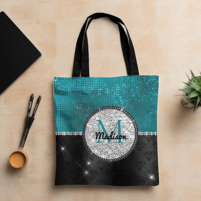 Chic faux Silver Glitter Turcos Black monogram Tygkasse (Skapare uppladdad)