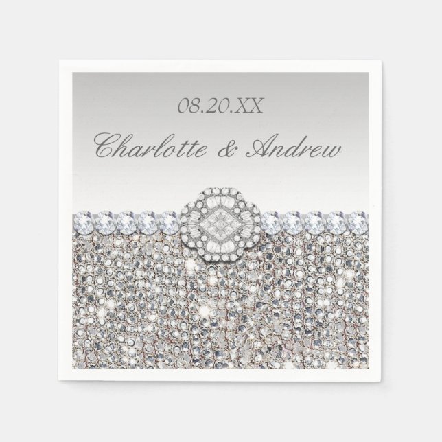 Chic Faux Silver Sequins Diamonds Bröllop Pappersservett (Framsidan)