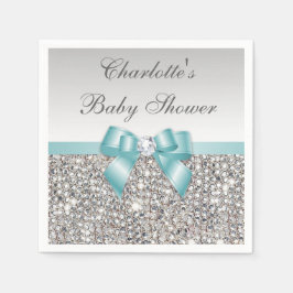 Chic Faux Teal Bow Silver Sequins Baby Shower Pappersservett