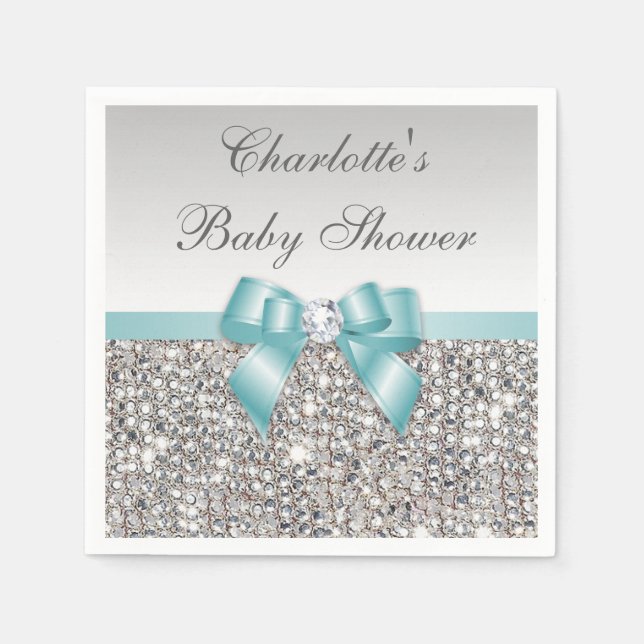 Chic Faux Teal Bow Silver Sequins Baby Shower Pappersservett (Framsidan)