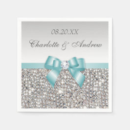 Chic Faux Teal Bow Silver Sequins Bröllop Pappersservett