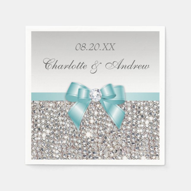 Chic Faux Teal Bow Silver Sequins Bröllop Pappersservett (Framsidan)