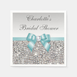 Chic Faux Teal Bow Silver Sequins Möhippa Pappersservett