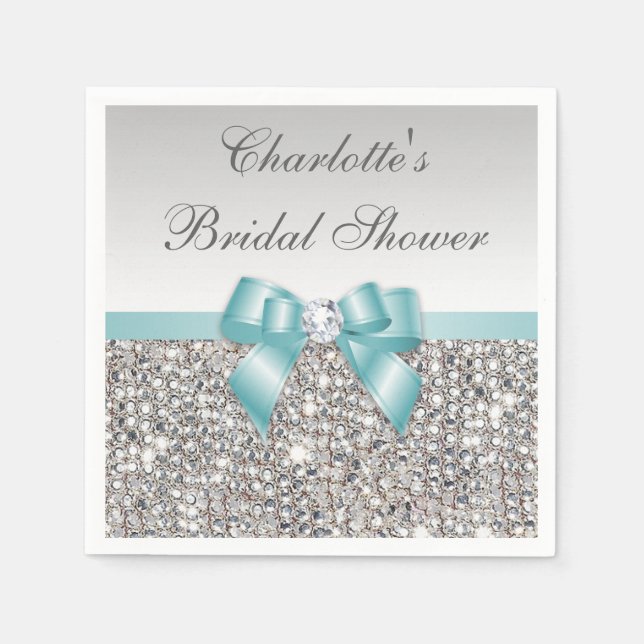 Chic Faux Teal Bow Silver Sequins Möhippa Pappersservett (Framsidan)