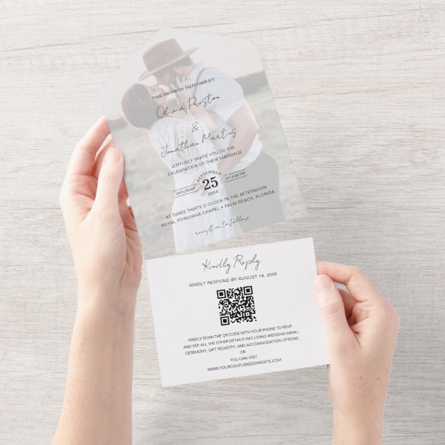 Chic Faux Vellum Effect Photo Bröllop QR Code OSA (Avrivbar del)