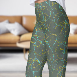 Chic Feldgrau och Blue Gult Fracture Mönster Leggings