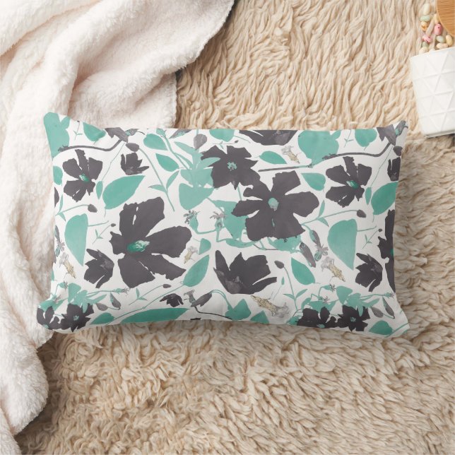 Chic Feminin Grått Teal Blommönster Lumbarkudde (Filt)
