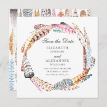 Chic fjädrar andedräkt. Boho bröllop spara datum