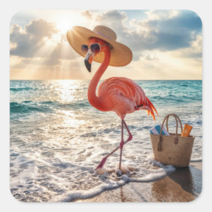 Chic flamingo med solhatt och solglasögon fyrkantigt klistermärke