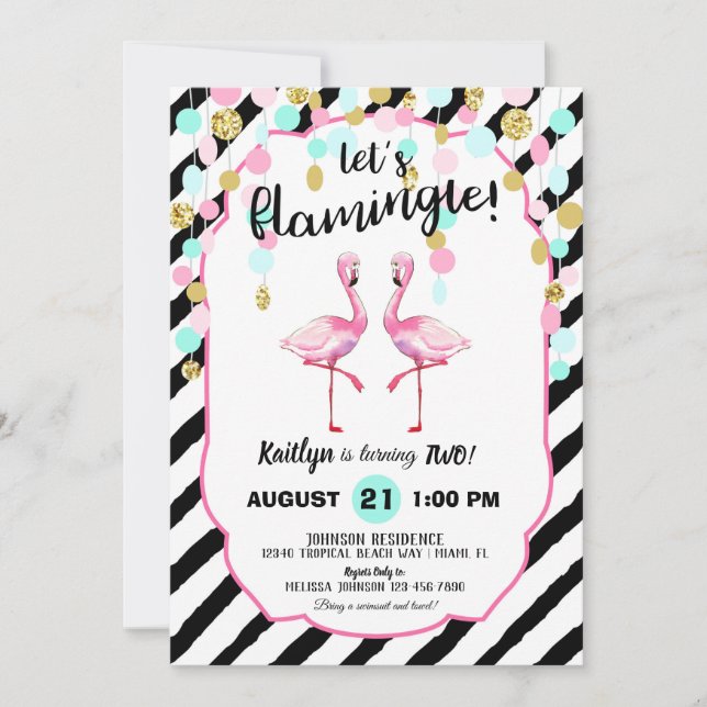 Chic Flamingo Rand och Confetti Birthday Inbjudningar (Framsida)