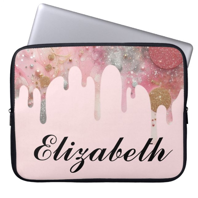 Chic flickig glitterdroppar namn rosa silver guld laptop fodral (Framsidan)