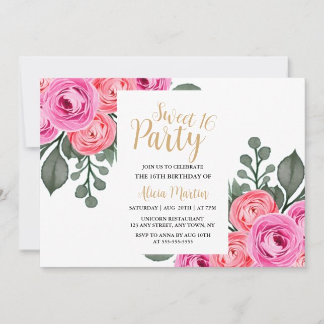 Chic Flora Dusty Rosa ros Guld Sweet 16 Party Inbjudningar (Framsida)